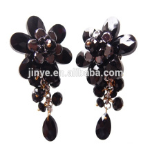 Luxury Black Bling Floral Statement Clip On Crystal Earrings